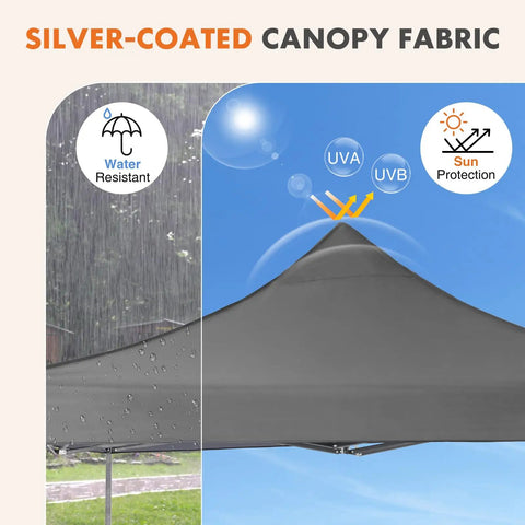10x10 Ft Pop Up Canopy Tent with sand bags easy up instant shelter for camping, featuring silver-coated water-resistant fabric.