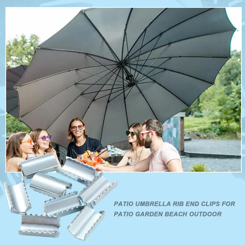 Group under patio umbrella with 16 Pack Patio Umbrella Rib End Clips 1 Inch for securing canopy in garden setting.