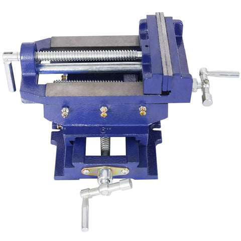 Six Inch Cross Slide Vise For Drill Press And Benchtop Milling with blue cast iron body and serrated jaws for precision machining.