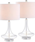Teardrop Glass Table Lamps Set Of 2 With Clear And Chrome Finish, Sleek Modern Bedside Lights With White Linen Drum Shades