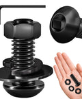 Heavy Duty 3/8-16 Stainless Steel Button Head Socket Cap Bolts Assortment Kit With Black Oxide Finish And Matching Nuts hand holding bolts and nuts