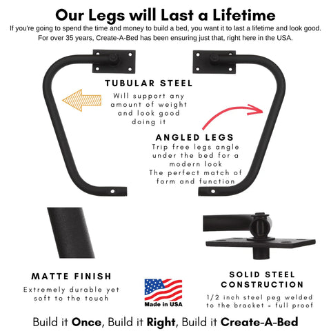 Top Shelf Queen Size Vertical Murphy Bed Kit showcasing gritty American made steel build, angled legs, matte finish, and solid construction.