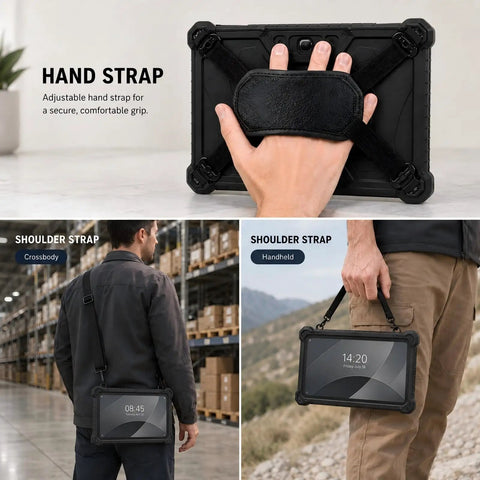 Rock Solid 10.1 Inch Rugged Tablet With 2D Barcode Scanner And Windows 11 Pro showing adjustable hand and shoulder straps for secure carrying.