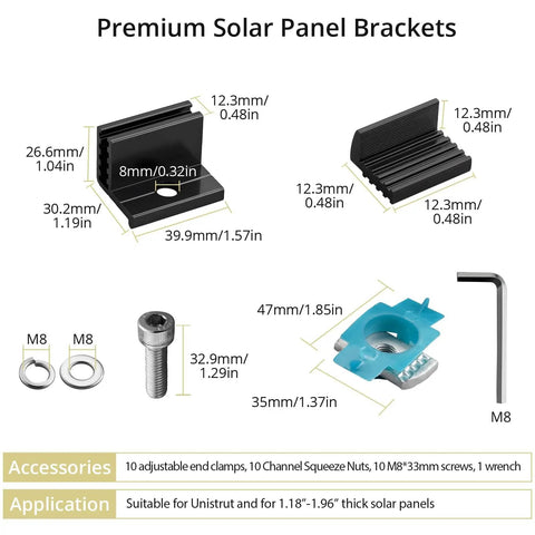10 Pack Adjustable Solar Panel End Clamps For Unistrut Channels Featuring 30 To 50mm Aluminum Mounts And Rustproof Fasteners with accessories