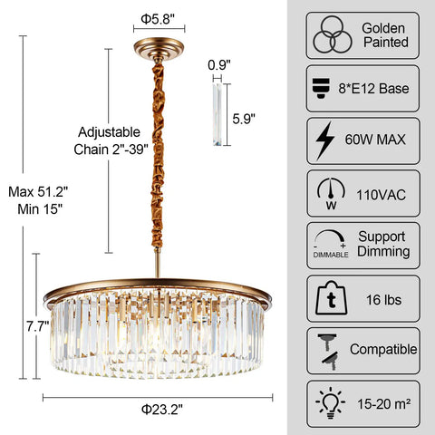 23 Inch 8 Light Modern Crystal Chandelier With Dual Gold Rings, measurements, and material details on grey background