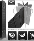 8 Panel Black Room Divider With Double Hinged Panels, 6 Ft Tall Folding Privacy Screen, shown folded and with 360 panel rotation