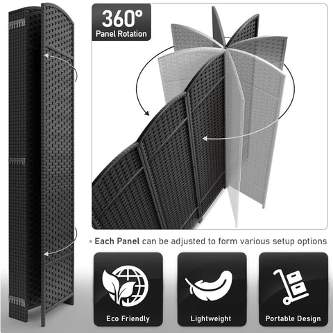 8 Panel Black Room Divider With Double Hinged Panels, 6 Ft Tall Folding Privacy Screen, shown folded and with 360 panel rotation