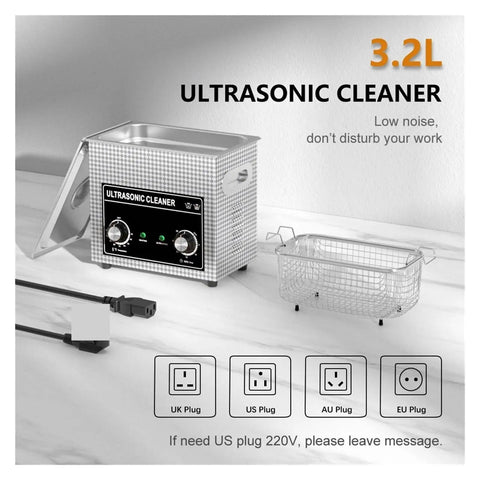 Top Shelf Ultrasonic Cleaner 2.3 Liter Tank 180 Watts Runs Like A Champ Cracking Carbon Deposits On Fuel Injectors Adjustable Heat Touch Panel Timer Bright Led Screen with stainless steel housing and removable basket.