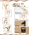 Four 10x10 framed woodland nursery wall decor prints showcasing cute safari animals, including a deer, rabbit, sheep, and cow.