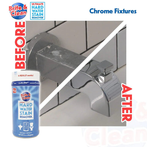 Before and after results of Ultimate Hard Water Stain Remover for glass and shower doors on chrome fixtures.
