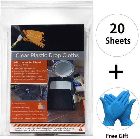 9x12 Feet Disposable Painter Drop Cloths With Gloves packaging showing 20 sheets and a pair of gloves.