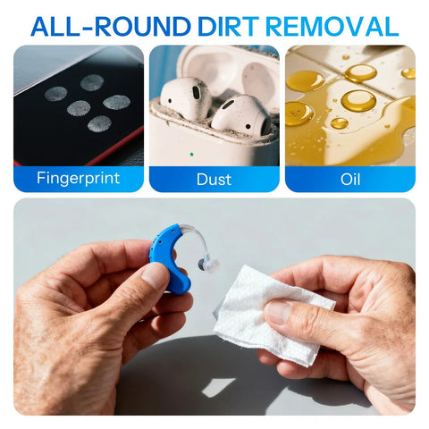 Hearing aid being cleaned with a white wipe; blue hearing aid, alcohol-free wipes, 4.7 x 6 in, 200-count