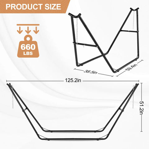 Heavy Duty Hammock Stand For Indoors And Outdoors, 660 Lb Capacity, Fits 9.6 To 14 Ft Hammocks, steel frame dimensions shown