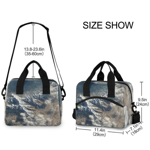 Durable Insulated Lunch Bag Tote with Adjustable Shoulder Strap, desert mountain style, shown with size dimensions