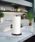 One Hand Tear Paper Towel Holder For Countertop Black Stainless Steel With Weighted Base Ratchet Mechanism in kitchen