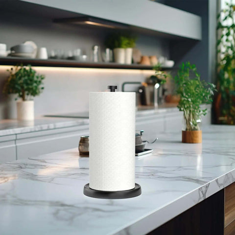 One Hand Tear Paper Towel Holder For Countertop Black Stainless Steel With Weighted Base Ratchet Mechanism in kitchen