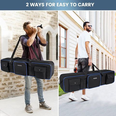Two men carrying Beefed Up Heavy Duty Tripod Carrying Case Bag 50.5 Inch Long Waterproof Nylon Gear Case with various carrying options.