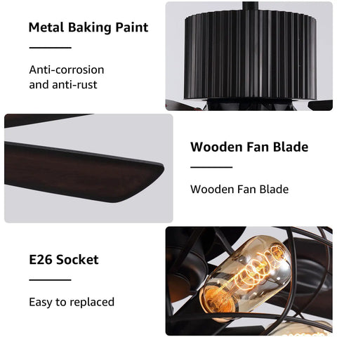 Close-up details of Dope 52 Inch Farmhouse Ceiling Fan With Light And Remote featuring wooden blade, E26 socket, and metal baking paint.