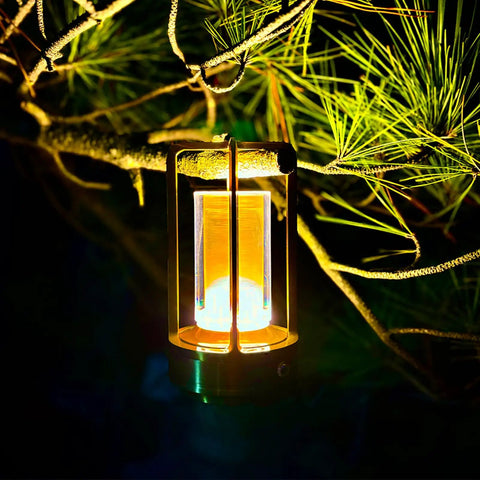 Portable Metal Table Lamp With 4000mAh Rechargeable Battery Cordless Outdoor Light hanging on a tree branch at night