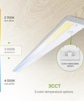 Under Cabinet LED Light 32 Inch Dimmable With Easy Plug In Or Hardwired Installation High Low Off Switch Three Color Temperature 2700K To 4000K Linkable For Kitchen Closets And Workspaces ETL Listed White shown with color temperature options and switch detail.
