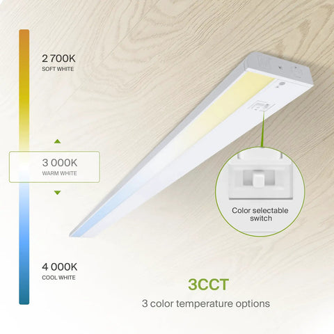 Under Cabinet LED Light 32 Inch Dimmable With Easy Plug In Or Hardwired Installation High Low Off Switch Three Color Temperature 2700K To 4000K Linkable For Kitchen Closets And Workspaces ETL Listed White shown with color temperature options and switch detail.