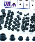 76 Piece Black Silicone Hole Plugs Set in clear box, assorted round sealing stoppers for tubing waterproof use