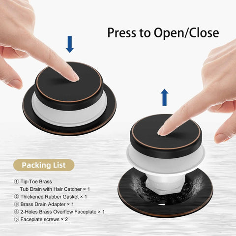 Oil Rubbed Bronze Tub Drain Kit With Hair Catcher And 2 Hole Overflow Faceplate Premium Brass Tip Toe Bathroom Drain Replacement 11 5 16 UNC Bathtub Drain Stopper Assembly No Leaks Easy Install shown with press to open close feature.
