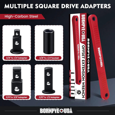 Beefy Offset Extension Wrench Set with square drive adapters and socket extender, 13.4 inch, red finish, heavy duty for repairs.