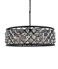 Eight Light Crystal Pendant Lamp Mocha Bronze Polished Nickel Ceiling Fixture Hand Forged Iron Grid Royal Cut Clear Glass Orbs hanging above with black metal grid.