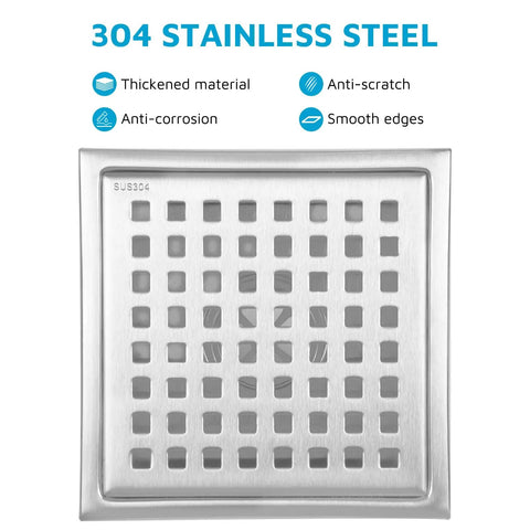 Six Inch Square Shower Drain In Brushed Nickel Featuring A Leak Proof Flange And Removable Grate Rock Solid Construction Dead Simple Flush Floor Installation That Slays Modern Bathrooms, stainless steel grate design.