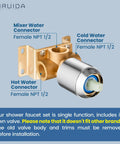 Rain Shower System With 8 Inch Square Showerhead valve showing hot, cold, mixer water connectors with female NPT 1/2 threads.