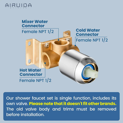 Rain Shower System With 8 Inch Square Showerhead valve showing hot, cold, mixer water connectors with female NPT 1/2 threads.