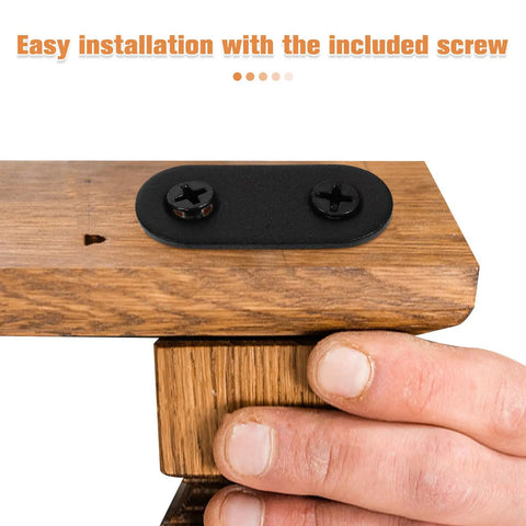 Flat Straight Brackets Set Of 12 Stainless Steel Black Mending Plates with screws showing easy installation on wooden furniture corner
