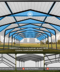 20x52 Foot All Weather Industrial Carport Kit With Steel Garage For Class A RVs And Farm Equipment, interior view with beams