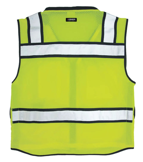 Rock Solid Hi Vis Surveyor Vest With Zipper Front Closure Ansi Class Two Type R Certified Lime Polyester Reflective Safety Vest back view with white stripes