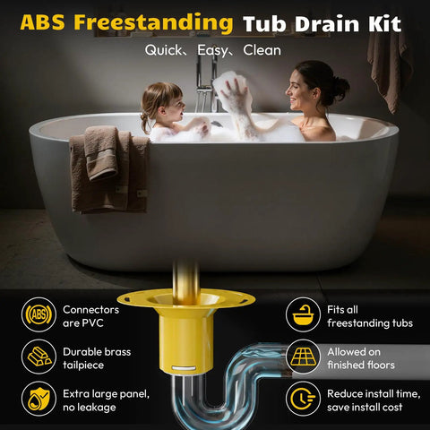 Built Tough Freestanding Bathtub Drain Kit With No Sweat Rough-In Setup, Universal Nickel Plated Brass And Pvc Adapter For 1.5 Inch Threaded Drains, Double Seal Leak Proof Design, Smooth Install For Any Freestander Tub.
