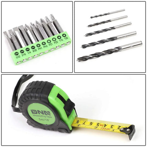 Drill bits, screwdriver bits, and tape measure from Starter Cordless Drill Kit With 27 Pieces, 12V 1300mAh Power Drill And Driver Set