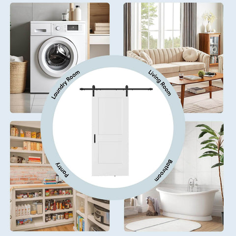 36 By 84 Inch Sliding Barn Door Kit, White Primed Composite Interior Slab With 2 Panels for closets, rooms, shown in home settings.