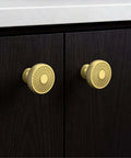 Beefy Heavy Duty Zinc Alloy Brushed Gold Cabinet Knobs on dark wood cabinets, 32mm, 1.26 inch hole centers, set of 10