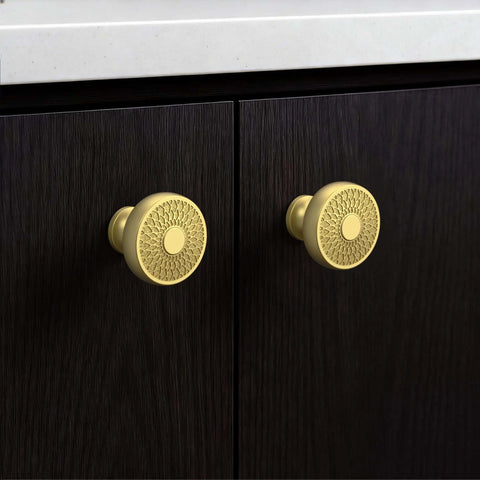 Beefy Heavy Duty Zinc Alloy Brushed Gold Cabinet Knobs on dark wood cabinets, 32mm, 1.26 inch hole centers, set of 10