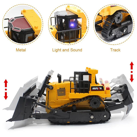 11 Channel Remote Control Bulldozer Toy With Lights And Sound 1/16 Scale Front Loader showing metal blade, tracks, and cab