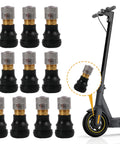 Tubeless Tire Valve Stems For Electric Scooters Ten Pack, Vacuum Valve Accessories For Scooter Tire Stem Repair next to a scooter