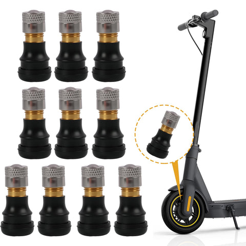 Tubeless Tire Valve Stems For Electric Scooters Ten Pack, Vacuum Valve Accessories For Scooter Tire Stem Repair next to a scooter