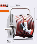 Heavy Duty Stainless Steel Garden Hose Reel Smooth Operator Wall Mount Rack, 30cm x 40cm, with retractable water hose and nozzle.