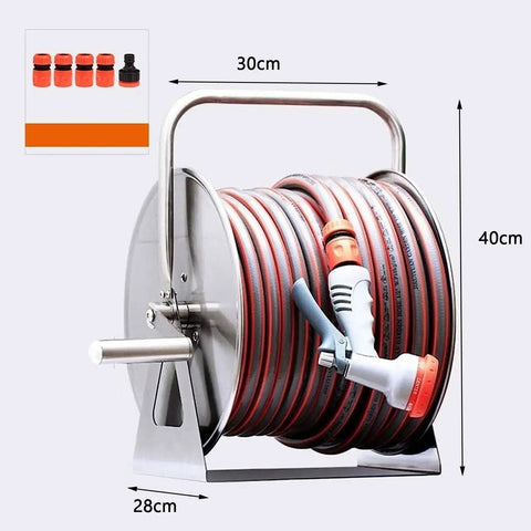 Heavy Duty Stainless Steel Garden Hose Reel Smooth Operator Wall Mount Rack, 30cm x 40cm, with retractable water hose and nozzle.