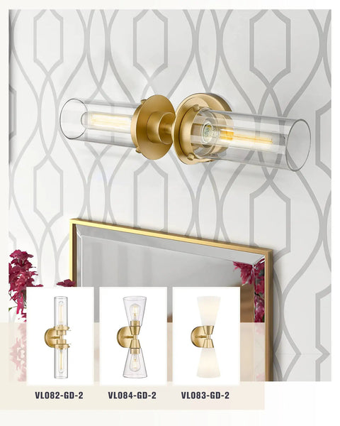 Trending Gold Finish Vanity Lights With Clear Glass Cylinder Shades Over Mirror Indoor Wall Sconce Modern Cylinder Up