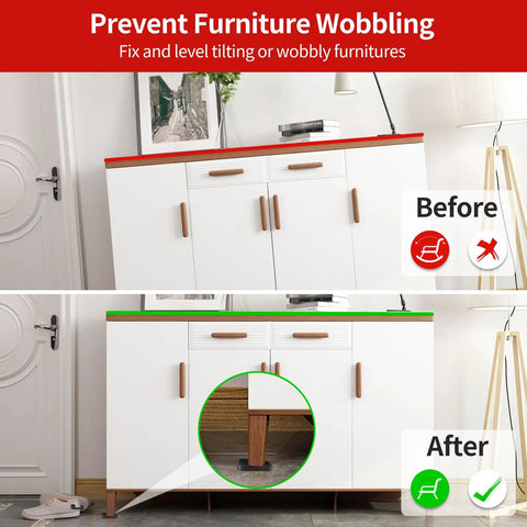 Before and after image of furniture stabilized using 32 Piece Silicone Shims Furniture Levelers Set For Leveling And No Wobble Anti Pads.