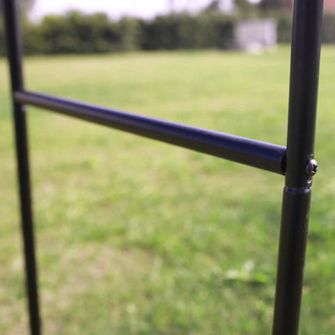 Close-up of a steel frame showing detail of Steel Garden Arch For Climbing Plants Backyard Vibes Outdoor Decor 7 Feet 8 Inches High And 4 Feet 5 Inches Wide Weather Resistant Black Epoxy Coated Easy Assembly Ideal For Vines And Flowers With Southern Charm For Your Lawn