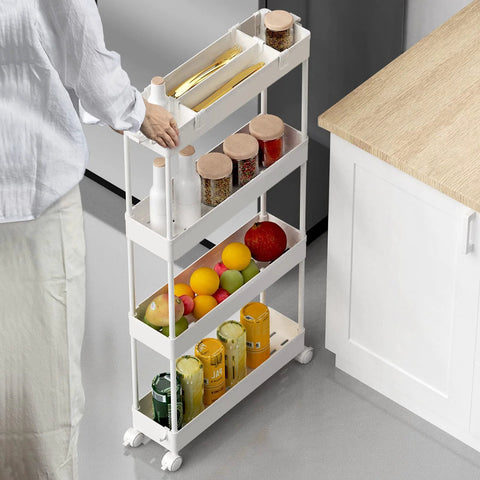 Slim 4 Tier Storage Cart With Rolling Wheels And Narrow Profile For Tight Gaps Between Furniture And Appliances