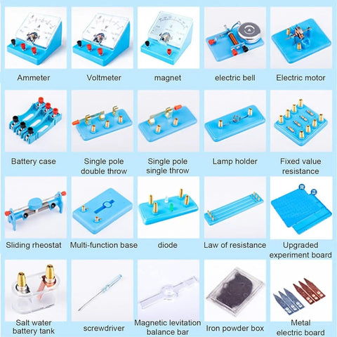 Hands On Electrical Experiment Kit For Kids With Energized Coils And Light Bulb Demonstration parts set with meters, switches, and bases